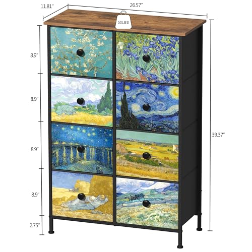 EXOTICA Tall Dresser with 8 Drawer for Bedroom Narrow Van Gogh Chest of Drawers for Hallway Closet Living Room Steel Frame Rustic Brown Wood Grain Wood Top - size: 26.6"D x 11.8"W x 39.4"H (8 Drawers)