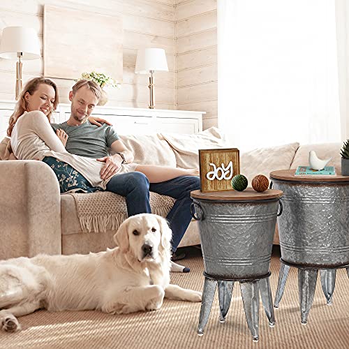 RUSTOWN Farmhouse Side Tables Set of 2, Galvanized Metal Bucket End Table | Storage Metal Bin with Round Wooden Lid, Accent Side Table, Rustic Antique Cocktail Table for Living Room, Bedroom, Outdoor - color: Galvanized