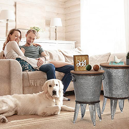 RUSTOWN Farmhouse Side Tables Set of 2, Galvanized Metal Bucket End Table | Storage Metal Bin with Round Wooden Lid, Accent Side Table, Rustic Antique Cocktail Table for Living Room, Bedroom, Outdoor - color: Galvanized