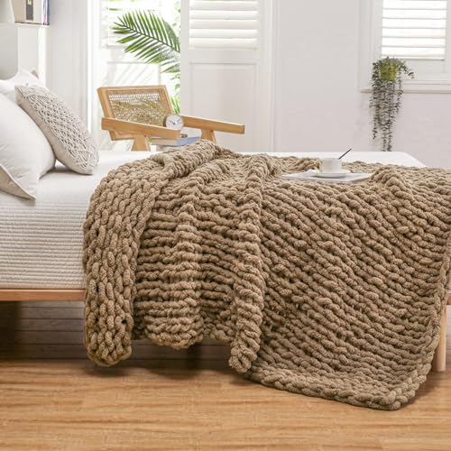 WESHIONGOO Chunky Knit Blanket Throw for Couch Bed 51"×63" Brown | 100% Handmade Knitted Throw blanket Fluffy Soft Blanket With Jumbo Chenille Yarn Thick - color: Brown, size: 51"x63"(Large Size Throw)
