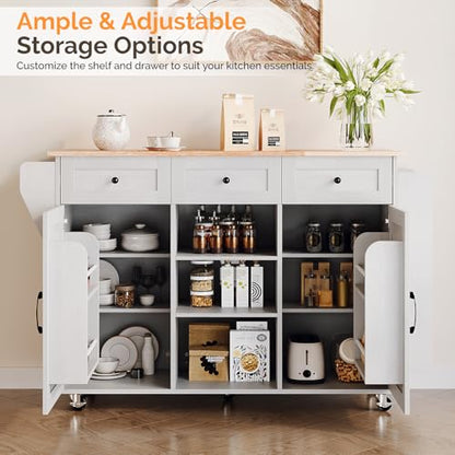 VINGLI 52" W Kitchen Island with Storage and Drop Leaf, Barn Door White | Farmhouse Rolling Cart with 3 Drawers, 2 Barn Doors, Adjustable Shelves, Side Rack and Locking Wheels - color: White