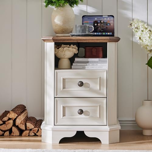 T4TREAM Farmhouse Nightstand with Charging Station, 18" End Table with 2 Drawers, Wood Side Table, Bedside Cabinet for Bedroom, Living Room (Antique White) - color: Antique White