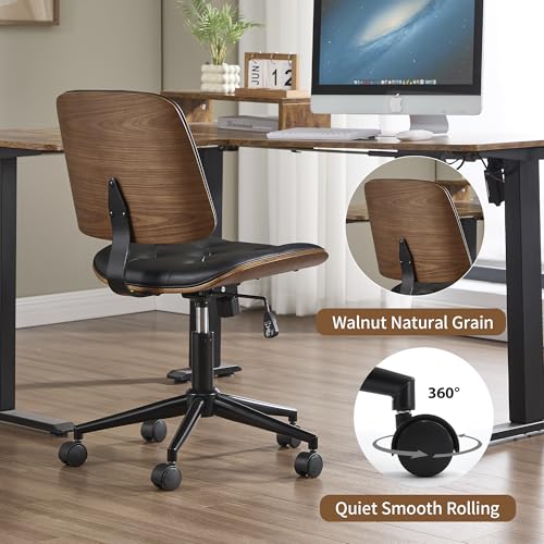 VipDesk Small Home Office Chair - Armless Mid Back Desk Chair with 360° Swivel and Wheels, PU Upholstered Height Adjustable Modern Walnut Computer Chair for Home, Office Meeting Room - Black - color: Black, size: Button Style