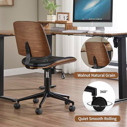 VipDesk Small Home Office Chair - Armless Mid Back Desk Chair with 360° Swivel and Wheels, PU Upholstered Height Adjustable Modern Walnut Computer Chair for Home, Office Meeting Room - Black - color: Black, size: Button Style