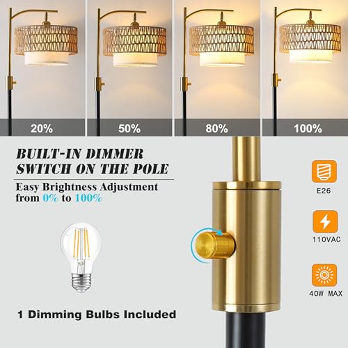 Dimmable Floor Lamp with Table and Marble Base, Arc Floor Lamp with Dimmable Bulb, Boho Farmhouse Standing lamp with Fabric & Rattan Lampshades for Living Room Bedroom (Black and Gold) - color: Black and Gold