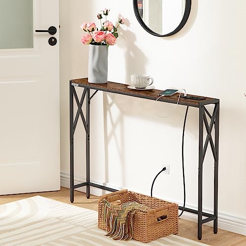 MAHANCRIS 5.9" Narrow Sofa Table with Charging Station, 39.4 Behind Couch Table with Outlet, Slim Entryway Console Table, Small Space, for Hallway, Living Room, Foyer, Rustic Brown CTHR151E01 - color: Rustic Brown, Black