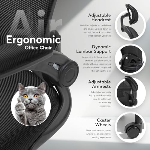 Oline ErgoAir Ergonomic Office Chair – Adjustable Lumbar Support, Flip-Up Armrests, Mesh Computer Desk Chair, Swivel Rolling Executive Gaming Chair for Home & Office (Black) - color: Black