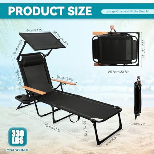 Beach Lounge Chair, Folding Outdoor Chaise Lounge Chair with Arms, 4-Position Backrest, Extended Sun Tanning Chair Pillow & Cup Holder, Patio Lounger for Outside for Beach Pool Patio Yard (Black-U) - color: Black-u