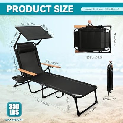 Beach Lounge Chair, Folding Outdoor Chaise Lounge Chair with Arms, 4-Position Backrest, Extended Sun Tanning Chair Pillow & Cup Holder, Patio Lounger for Outside for Beach Pool Patio Yard (Black-U) - color: Black-u