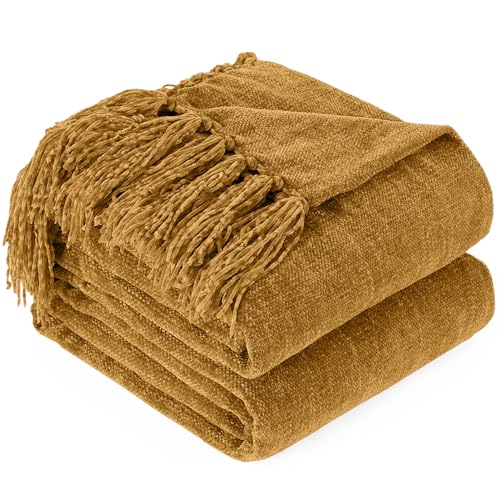 Chenille Throw Blanket for Couch - Soft Knit Blankets 60"X80" | Cozy Warm Lightweight Boho Decorative Knitted Blankets with Tassels for Bed and Sofa,Yellow - color: Yellow, size: 60"x80"