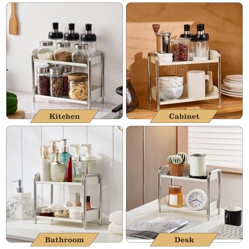 MOZIMABOX Cabinet Organizer Shelf, 2 Tier Kitchen Spice Rack Countertop Shelf Organizer, Stainless Steel Kitchen Storage Countertop Storage Shelf Container, (S, White) - size: S