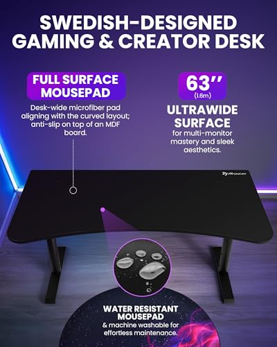 Arozzi Arena Ultrawide Curved Gaming Desk Pure Black | Full Surface Water-Resistant Desk Mat, Monitor Mount Cut-Outs, Cable Management Netting - color: Pure Black, size: Large