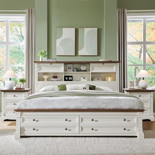 Wood Queen Size Bed Frame with 54" Tall Storage Headboard Charging Station | Platform Bed Frame with 2 Drawers & 18" Tall Roman Column Decoration Footboard, No Box Spring Needed(Antique White) - color: Antique White, size: Queen(U.S.Standard)