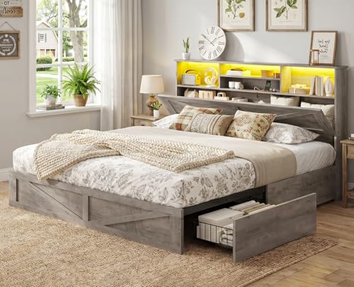 AOGLLATI Farmhouse King Bed Frame Bed Frame with 4 Storage Drawers and Led Lights, Wooden King Bed with Hidden Space Bookcase Headboard and Led Lights & Metal Slats, Grey - color: Grey, size: King