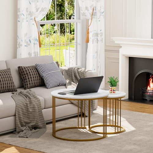 Coffee Table Faux Marble Nesting Table for Small Place 2 Sets Modern Furniture Living Room Sets End Side Table Night Stand for Bed Room Dining Room (White & Gold) - color: Gold