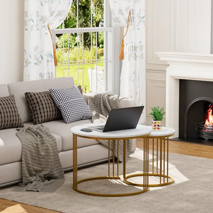 Coffee Table Faux Marble Nesting Table for Small Place 2 Sets Modern Furniture Living Room Sets End Side Table Night Stand for Bed Room Dining Room (White & Gold) - color: Gold