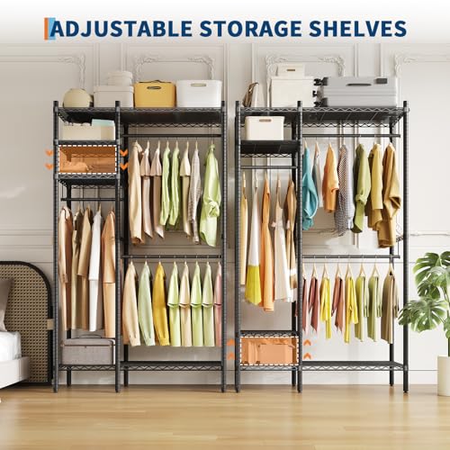 PioneerWorks Heavy Duty Garment Rack 1210 LBS, Commercial Clothing Rack with 4 Adjustable Shelves, Freestanding Wardrobe Closet Organizer, Metal Storage Rack for Home, Retail, Laundry Room - size: 45"W × 16.5"D × 76.4"H