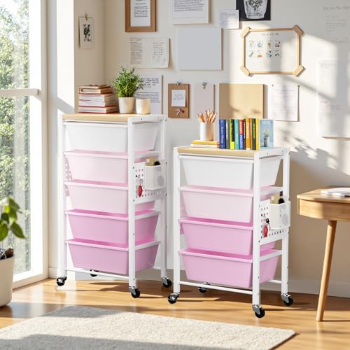 Rolling Cart with 4 Drawers, Plastic Drawer Storage Carts with Wheels & Wooden Tabletop, Metal Utility Cart with Pegboards, Office Living Room Classroom Craft Organization and Storage, Bright Pink - color: Bright Pink, size: 4-drawer