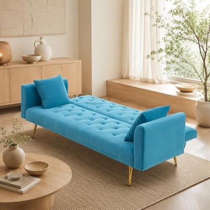 Anwick 72''Modern Velvet Sofa Bed Futon,Convertible Folding Sleeper Couches with 3 Adjustable Backrests,Tufted Recliner Loveseat with Golden Chrome Legs for Living Room Apartment Office (Pale Blue) - color: Pale Blue