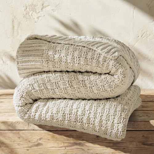 EVERGRACEHOME Chunky Chenille Knit Throw Blanket, Birch, 60" x 80" | Basketweave Chenille Knit, OEKO-TEX Certified, Lightweight Warmth, Modern Farmhouse, Decorative Throw for Couch, Bed & Sofa - color: Birch, size: 60" x 80"