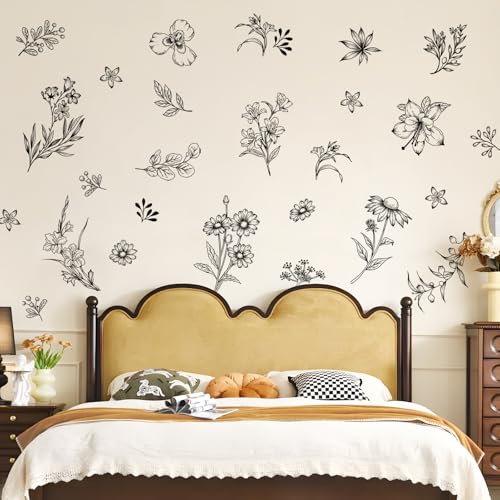 Tanlaby Sketch Black Flower Wall Decals Wildflower Floral Wall Stickers | Retro Peel and Stick Vinyl Art Decor for Bedroom Living Room Office Sofa TV Backdrop