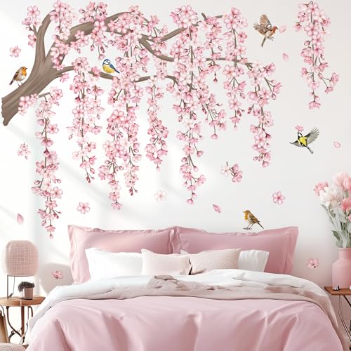 decalmile Pink Flower Tree Branch Cherry Blossom Wall Decals Stickers (XL) - style: Flower Tree