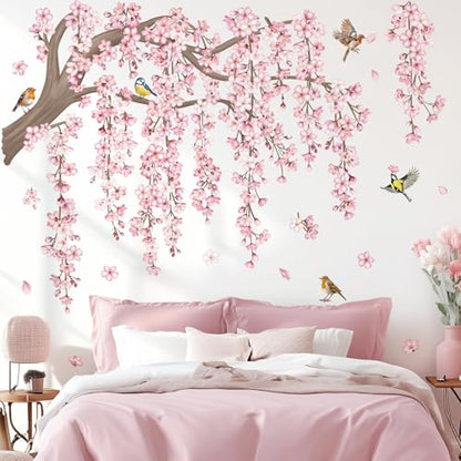 decalmile Pink Flower Tree Branch Cherry Blossom Wall Decals Stickers (XL) - style: Flower Tree