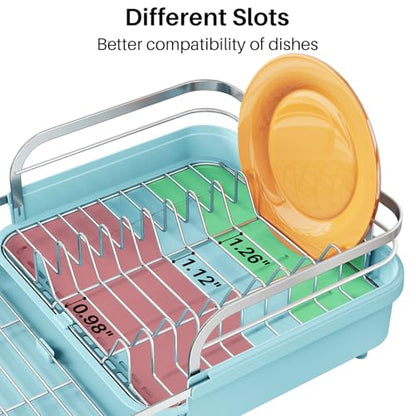 SNTD Expandable Dish Drying Rack for Kitchen Counter, 15.2-22.1 in, Blue | Rust-Resistant Stainless Steel, Protective Side Rails, Self-Draining Drainboard, Removable Utensil Holder - color: Blue