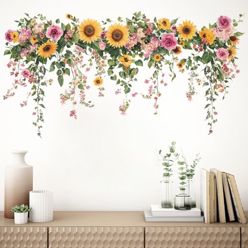Green Sunflower Wall Decals, Removable PVC Stickers Indoor Decor | Vivid Sunflower Print, Self-adhesive Easy Install, No Wall Scratches, Fits Walls Doors Cabinets Windows Home Decor - style: Sunflower