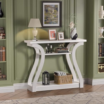 47" Narrow Console Table, Entry Table with Curved Legs, Sofa Table | Wood Console Table 3-tier Shelf Modern Accent Sofa Table for Entrance Area, Living room, Hallway (White) - color: White
