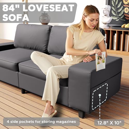 84" Leathaire Loveseat Couch, 3 Seater Retro Sofa with 4 Side Pockets, Removable and Washable Cushions, Living Room，Apartment, Office (Dark Grey) - color: Dark Grey Leathaire, size: 84 "