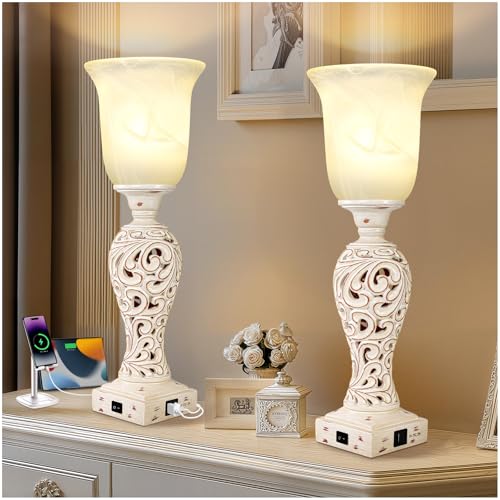 Bedside Table Lamps for Bedroom Set of 2, 3-Way Dimmable Nightstand Lamps | Uplight, 2 USB Charging Ports, 20" Vintage Desk Lamp with White Alabaster Glass Shade for Living Room Entryway, Bulb Included - color: Cream-Set of 2