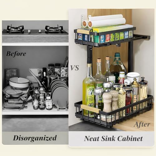 Lumela Under Sink Organizer, 2-Tier Slide-Out Cabinet Organizer Shelf, Height Adjustable Metal Pull-Out Storage Rack with Wood Handle for Kitchen & Bathroom Cabinets (Black)