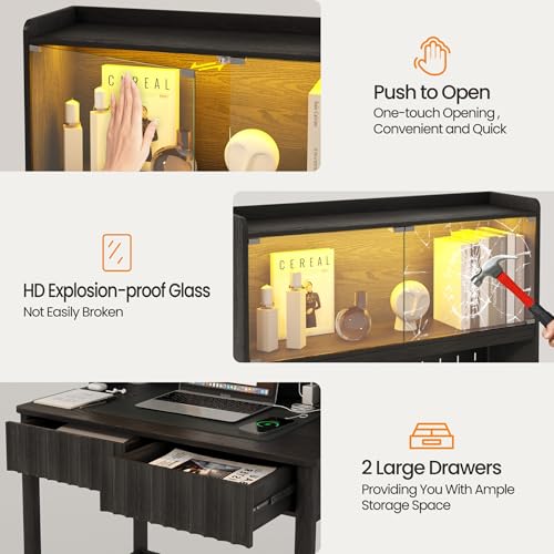Lvifur 31.5" LED Study Desk with Hutch,Outlets,Reading Lights | Computer Desk with Charging Station,2 Drawer,Compact Writing Desks,Home Office Desks for Bedroom,Black - color: Black