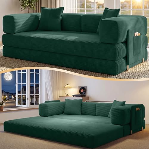 78.8" Convertible Futon Sofa Bed, Boneless Couch for Living Room | Corduroy Boneless Loveseat Sleeper Sofa, Modular Futon Couch with Storage Pocket, Pull Out Couch No Assembly | Forest Green - color: Forest Green