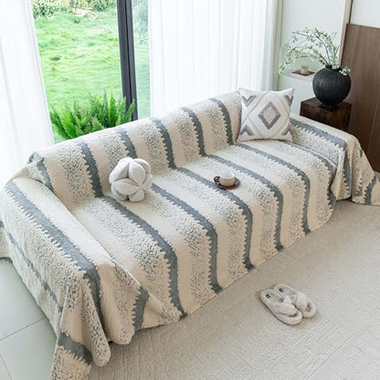 Sherpa Fleece Oversized Couch Cover for 3-4 Cushion Sofa, Gray 71" x 150" - Pet Proof Sofa Covers Heavy Duty Scratch Resistant Pet Friendly Furniture Cover - Easy Install, Machine Washable - color: Stripe 3 Gray, size: 71" x 150"