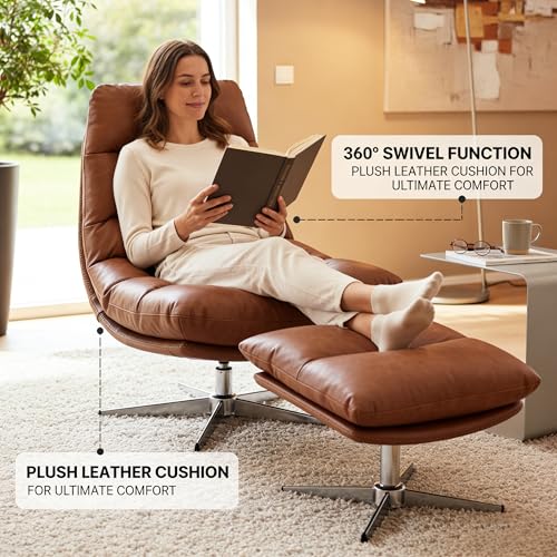 HNY Brown Swivel Lounge Chair with Ottoman Modern PU Leather Accent Chair with Footrest 33'' Wide Oversized Armless Upholstered Reading Chair with Footstool for Living Room Bedroom Comfy - size: 1 SET