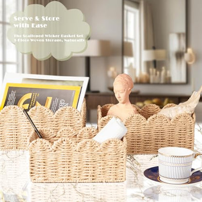 Scalloped Wicker Baskets Set of 3, Hand-Woven Storage with Handles | set of 3 beige scalloped baskets with handles. Hand-woven paper rope for shelves, bathroom or closet. Stackable, sturdy. - color: Beige