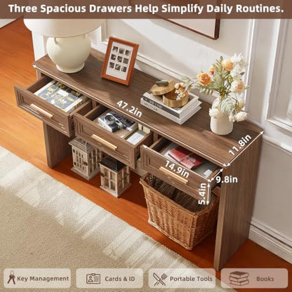 RWYHG 47" Entryway Table with 3 Drawers, Wood Console Table, Light Walnut | Layered Drawer Front Design , Open Bottom Storage, Farmhouse Behind Couch Table, Entry Table for Living Room Hallway& Foyer - color: Light Walnut