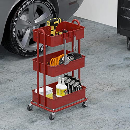 Simple Houseware 3-Tier Heavy Duty Metal Utility Rolling Cart, Red - color: Red