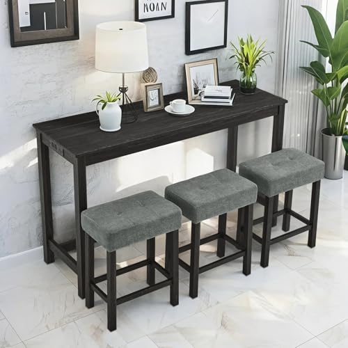 59" Industrial 4 Piece Bar Table Set with Built-in Power Outlet, Behind Couch Sofa Table with 3 Linen Upholstered Stools, Bar Table and Chairs Set for Living Room, Dining Room, Lounge, Black - color: R2-black