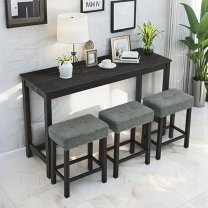 59" Industrial 4 Piece Bar Table Set with Built-in Power Outlet, Behind Couch Sofa Table with 3 Linen Upholstered Stools, Bar Table and Chairs Set for Living Room, Dining Room, Lounge, Black - color: R2-black
