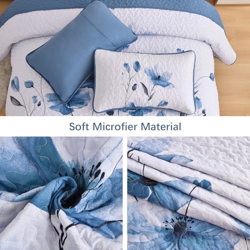 Mybedsoul Full/Queen Quilt Set Blue, 3 Pcs Soft Bedspreads & Coverlets Set | Summer Lightweight Farmhouse Botanical Bedding Set with 2 Shams, Reversible Polyester Coverlet Set for All Seasons, 96"x90" - color: Blue, size: Queen96"x90"