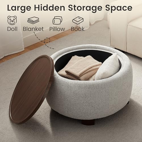 VKNOW 30" Round Storage Ottoman, Ottoman Coffee Table with Removable Wood Top and Solid Wood Legs for Living Room, Bedroom, Apartments (Beige) - color: Beige