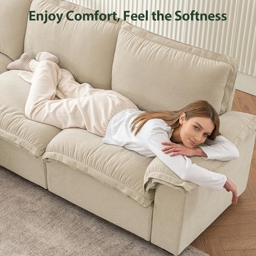 HALLYBEE Cloud Couch Sectional Modular Sofa for Living Room Ivory Beige | Modular Sectional Cloud Couch with Movable Ottoman, L-Shaped, 3-Seater, Chenille Fabric, Removable Cushion Covers, Apartment - color: Ivory Beige
