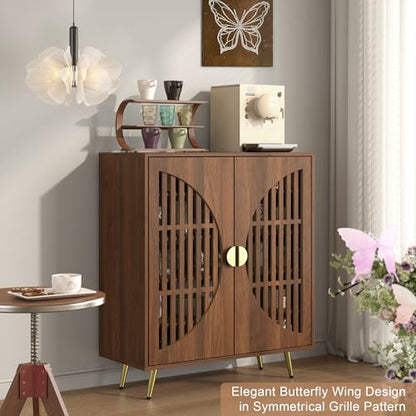 5-Tier Walnut Shoe Storage Cabinet with 2 Slatted Doors, Shoe Cupboard with Adjustable Shelves, Wooden Shoe Rack Organizer for Entryway, Hallway, Closet, Living Room - size: 13.78"D x 31.49"W x 32.67"H