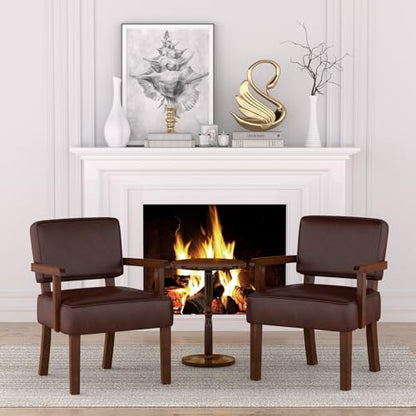 Accent Chairs Set of 2, 2 Solid Wood Armchairs with Table | Faux Leather Chair with Soft Thicken Cushion, Comfy Reading Chair for Bedroom, Waiting Room, Home Office, Easy Assembly - color: Faux Leather Cherry, size: Set of 2 with table