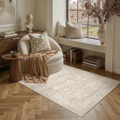 4x6 Beige Washable Area Rug for Office Vintage Distressed | Neutral, Non Slip, Soft Low Pile, Accent Rug for Bedroom, Kitchen, Entryway, Indoor Home Decor - color: Beige, size: 4' x 6' (Rectangular)