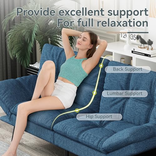 Futon Sofa Bed Convertible Couch, Blue Linen Sofa Bed | Adjustable Backrest & Armrests, Multifunctional Small Loveseat Sleeper Sofa for Living Room, Apartment, Office, Foam Couch - color: A3 | Blue