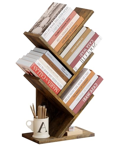 Hoctieon 4 Tier Tree Bookshelf, 4 Shelf Bookcase, Modern Book Storage, Free Standing Tree Bookcase, Utility Organizer Shelves for Home Office, Living Room, Bedroom, Rustic Brown - color: Rustic Brown, size: 4 Tier